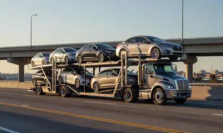 Car transporter with the North Star, Delaware, United States skyline behind it