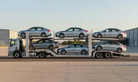 Car transporter parked in an industrial area of Pike Creek Valley, Delaware, United States