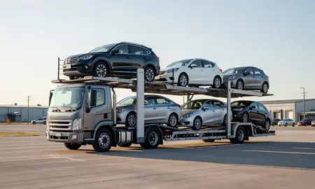 Car transporter loaded with vehicles in Pike Creek Valley, Delaware, United States