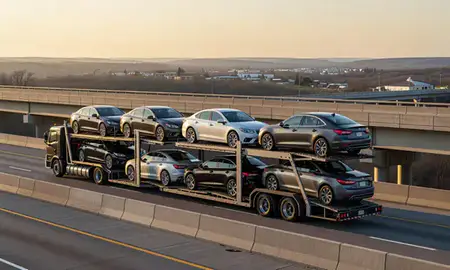 Car transporter with the Pike Creek Valley, Delaware, United States skyline behind it