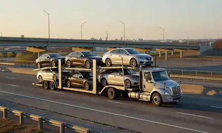 Car transporter with the Pike Creek, Delaware, United States skyline behind it