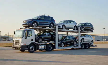 Car transporter loaded with vehicles in Rising Sun-Lebanon, Delaware, United States