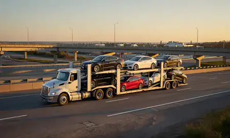 Car transporter with the Rising Sun-Lebanon, Delaware, United States skyline behind it