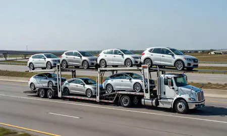 Multi-level car carrier on the highway to Seaford, Delaware, United States