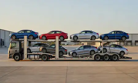 Car transporter parked in an industrial area of Seaford, Delaware, United States