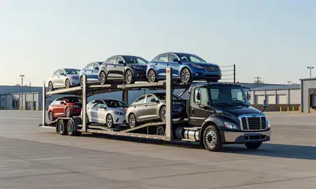 Car transporter loaded with vehicles in Seaford, Delaware, United States