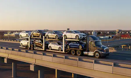 Car transporter with the Seaford, Delaware, United States skyline behind it