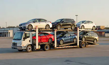 Car transporter loaded with vehicles in Smyrna, Delaware, United States