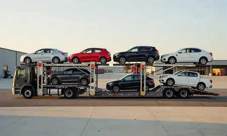 Car transporter parked in an industrial area of Wilmington Manor, Delaware, United States