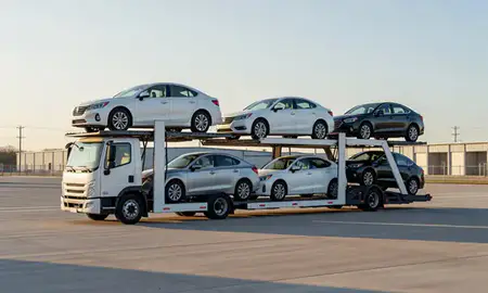Car transporter loaded with vehicles in Wilmington Manor, Delaware, United States