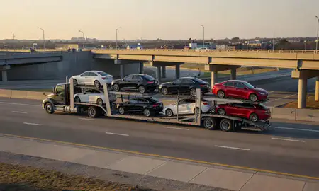 Car transporter with the Wilmington Manor, Delaware, United States skyline behind it