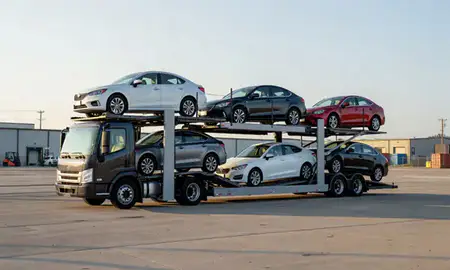 Car transporter loaded with vehicles in Wilmington, Delaware, United States