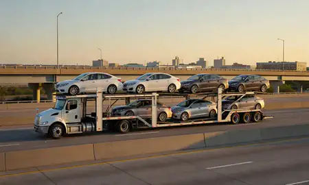 Car transporter with the Wilmington, Delaware, United States skyline behind it