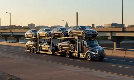 Car transporter with the District of Columbia, United States skyline behind it