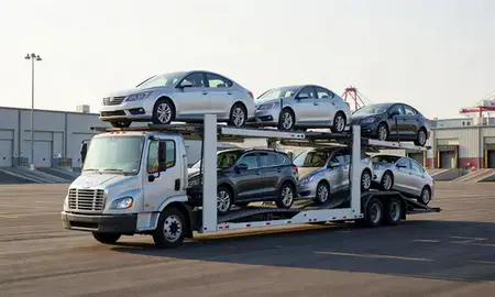 Car transporter loaded with vehicles in Washington, District of Columbia, United States