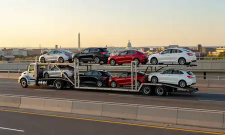 Car transporter with the Washington, District of Columbia, United States skyline behind it