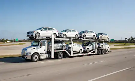 Multi-level car carrier on the highway to Florida, United States