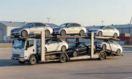 Car transporter loaded with vehicles in Florida, United States