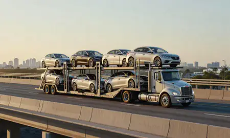 Car transporter with the Florida, United States skyline behind it