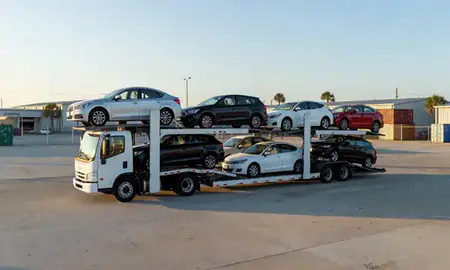 Car transporter loaded with vehicles in Bonita Springs, Florida, United States