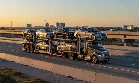 Car transporter with the Bonita Springs, Florida, United States skyline behind it