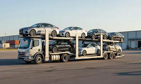 Car transporter loaded with vehicles in Brandon, Florida, United States
