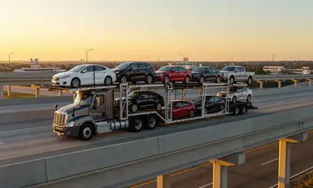 Car transporter with the Brandon, Florida, United States skyline behind it