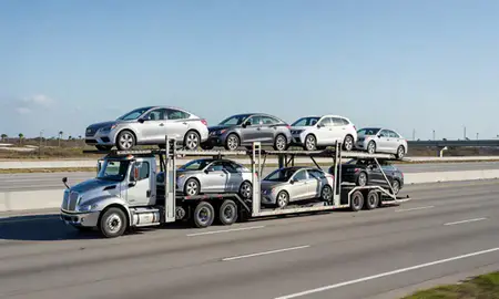 Multi-level car carrier on the highway to Cape Coral, Florida, United States