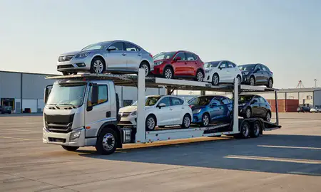 Car transporter loaded with vehicles in Cape Coral, Florida, United States