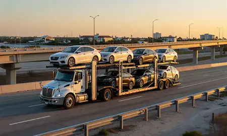 Car transporter with the Cape Coral, Florida, United States skyline behind it