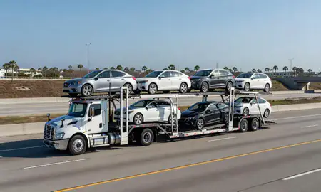 Multi-level car carrier on the highway to Clearwater, Florida, United States
