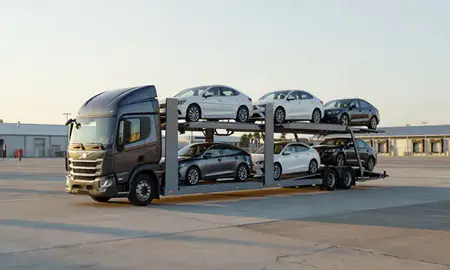 Car transporter loaded with vehicles in Clearwater, Florida, United States