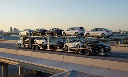 Car transporter with the Clearwater, Florida, United States skyline behind it
