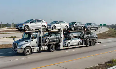 Multi-level car carrier on the highway to Coral Springs, Florida, United States