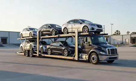 Car transporter loaded with vehicles in Coral Springs, Florida, United States
