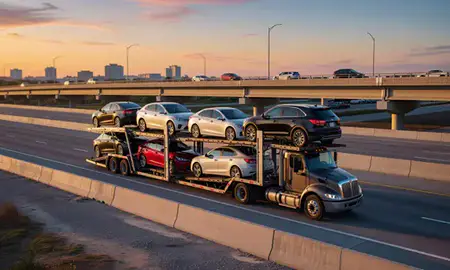 Car transporter with the Coral Springs, Florida, United States skyline behind it