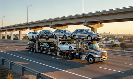 Car transporter with the Deltona, Florida, United States skyline behind it