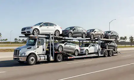 Multi-level car carrier on the highway to Fort Lauderdale, Florida, United States