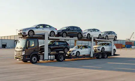 Car transporter loaded with vehicles in Fort Lauderdale, Florida, United States