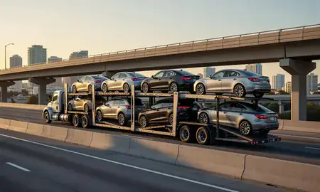 Car transporter with the Fort Lauderdale, Florida, United States skyline behind it