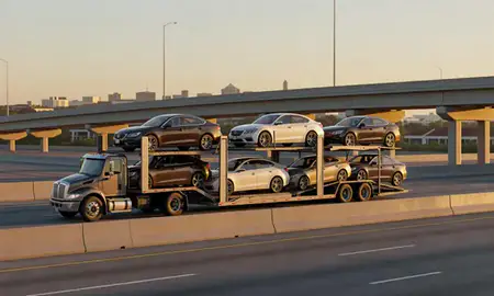 Car transporter with the Gainesville, Florida, United States skyline behind it