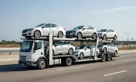Multi-level car carrier on the highway to Hialeah, Florida, United States