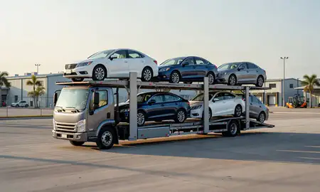 Car transporter loaded with vehicles in Hialeah, Florida, United States