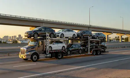 Car transporter with the Hialeah, Florida, United States skyline behind it