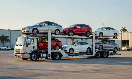 Car transporter loaded with vehicles in Hollywood, Florida, United States
