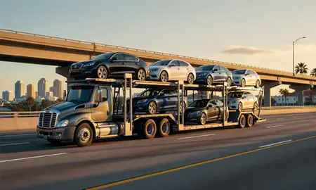 Car transporter with the Hollywood, Florida, United States skyline behind it