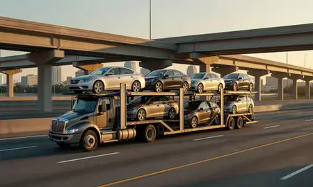 Car transporter with the Jacksonville, Florida, United States skyline behind it