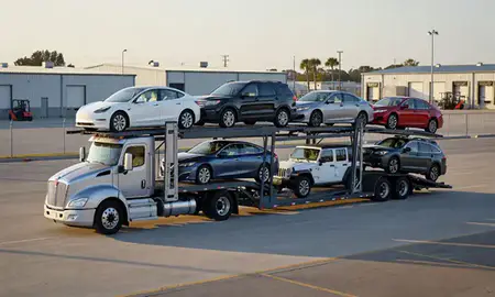 Car transporter loaded with vehicles in Kissimmee, Florida, United States