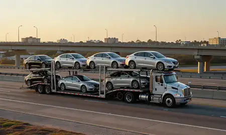 Car transporter with the Kissimmee, Florida, United States skyline behind it
