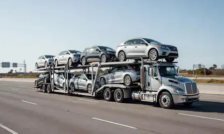 Multi-level car carrier on the highway to Lakeland, Florida, United States